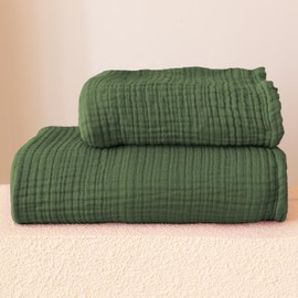 Viva Maison - Muslin Towels for Adult Bath, Thin Towels for Bathroom, Soft, Quick-Dry, Lint-Free, Large Size 32x67 Inch (Green, 1 Bath & 1 Hand Towel Set)