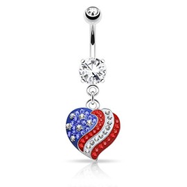 Pierced Owl Crystal Paved American Flag USA Heart Dangle Belly Button Navel Ring