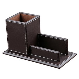 KINGFOM Office Accessories Multipurpose Leatherette Desktop Mesh Collection Container Pen Pencil Holder Caddy Organizer & Business Cards Holder Stand (brown)