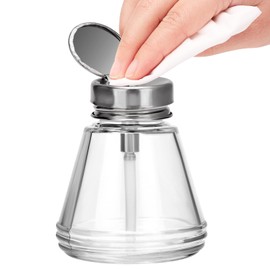 BARBERPLAN 100ML Pump Dispenser Bottle, Tapered Metal Flip Cover 2 Pack Clear Glass Bottle for Nail Polish Remover, Makeup Remover, Alcohol