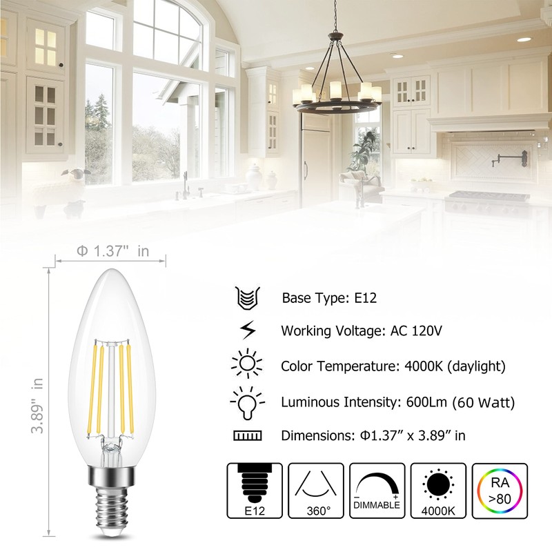 Cotanic Dimmable E12 Candelabra LED Bulbs, 60W Equivalent,4000K Daylight,600LM Ceiling