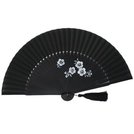 High Quality Silk Fan, Black, Bamboo, Silk (5848: Cherry Blossom)