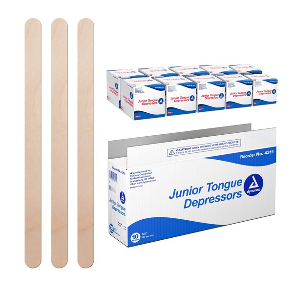 Dynarex Tongue Depressors Wood, Junior 5 ½", Non-Sterile, with Precision Cut and Polished Smooth Edges, for Medical Use and other Applications, 1 Case of 5000 Tongue Depressors, 5 ½" (10 Boxes of 500)