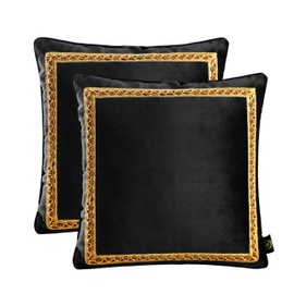 DezignicoHome Decorative Velvet Throw Pillow Covers for Sofa Couch Bed Chair, Embroidery Pattern Design, Black, Pack of 2, 18x18 Inch