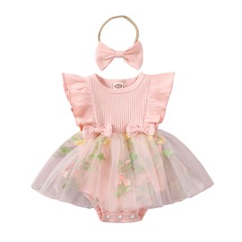 Douhoow Infant Baby Girl Summer Clothes Baby Girl Romper Dress Fly Sleeve Tulle Baby Dress Baby Romper with Headband (Pink, 3-6 Months)