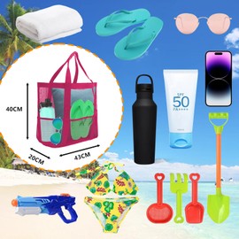 Beach Bag with Zip XXL Family Mesh Swimming Bag with Waterproof Bag Swimming Pool Bag Large Beach Bag Travel Bag Shopping Bag Handbag Sports Bag for Men and Women, Rose-red, XXL