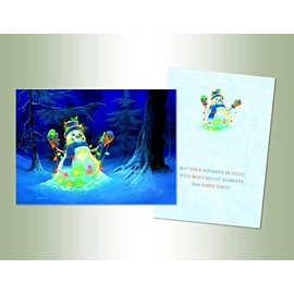 Performing Arts Premium Lighted Snowman In Forest With Candy Canes - Pack Of 14 Glitter Holiday Christmas Cards With Envelopes - Full Color Snow Scene - Theatrical Snowman Greeting Card - Made In USA