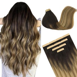 DOORES Tape in Hair Extensions Human Hair, Dark Brown to Dirty Blonde 12 Inch 20g 10pcs, Human Hair Extensions Tape in Remy Straight Hair Extensions for Women