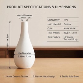 6.5 Inch White Ceramic Bud Vase Narrow Neck Small Flower Vase for Table Centerpiece Wedding Party Home Decor