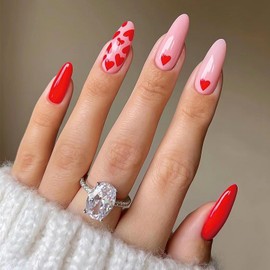 Valentine's Day Press on Nails Pink Almond Press on Nails Medium Fake Nails with Red Heart Designs alse Nails Glossy Reusable Stick on Glue on Nails for Women 24Pcs