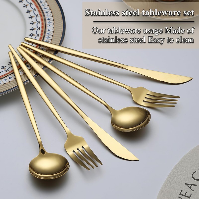 Evanda Gold Silverware Set 60 Piece Service for 20, Titanium