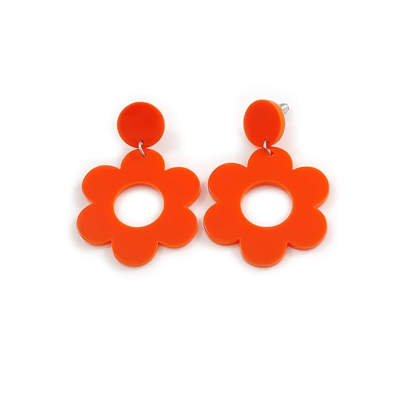 Orange Plastic Open Cut Flower Drop Earrings - 55mm Long