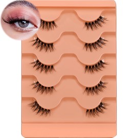 Half Lashes Wispy 3/4 False Eyelashes Natural Look Fluffy Clear Band False Cat Eye Lashes that Look Like Extensions Soft Handmade Reusable Half Eyelashes(5 Pairs Pack)