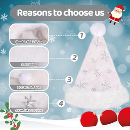 CITÉTOILE White Santa Hat for Adults, Plush Christmas Hat for Women and Men, Warm and Thick Santa Claus Hat with Silver Sequins Snowflake