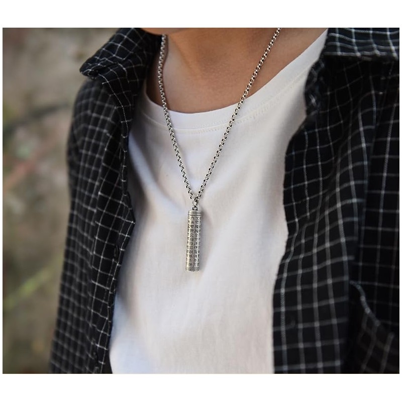 Rockyu Amulet Necklace, Men's, Long Necklace, Sutra Pendant, Openable Capsule,