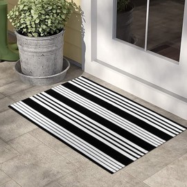 Black and White Striped Outdoor Rug, 2'x3' Cotton Modern Hand-Woven Reversible Front Porch Rug Door Mat Welcome Layered Doormat Washable Indoor Carpet for Farmhouse Laundry Room Bathroom