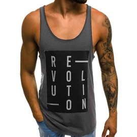 WAZZAP Men's Stringer Tank Tops Print Cotton Sleevele Gym Workout Bodybuilding Fitness Muscle T Shirts Dark Gray