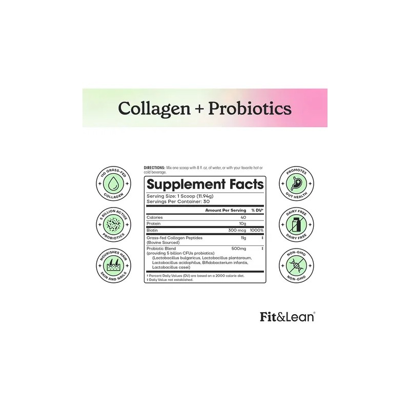 Colágeno + Probióticos Fit & Lean Sin Sabor, Polvo Nutricional