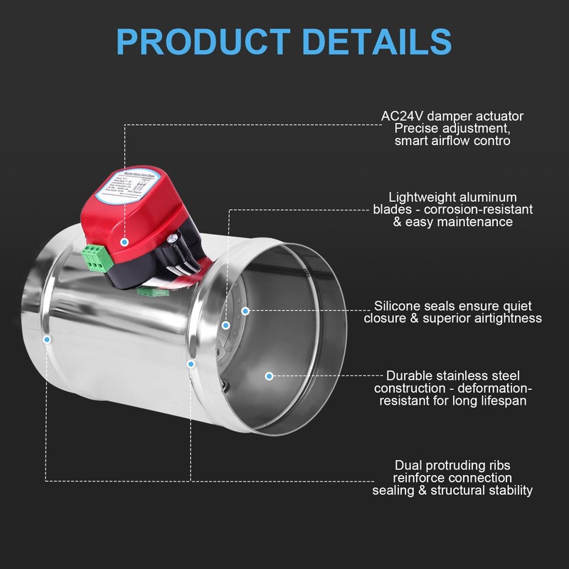 ZOWZEA 5" Motorized Duct Damper,On/Off Backdraft Damper Control, Stainless Steel