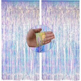 2 Pcs Iridescent Tinsel, Iridescent Backdrop, Holographic Tinsel Foil Fringe Curtain, Rainbow Party Streamers Backdrop for Mermaid Disco Unicorn Birthday Party(3.2x6.5 Feet/1m x 2m)
