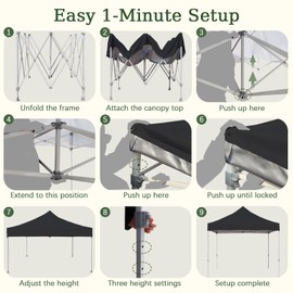 Easy 10x10 Pop Up Canopy Tent with Peak Tensioner, Heavy Duty for Commercial Use, Industry-Leading 3000mm Waterproof, 500D Silver Coated Top, Wheeled Bag, 4 Sandbags, Stakes & Ropes, Black