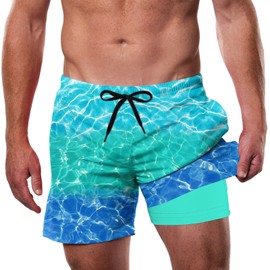 Dancinova Men's Swimming Trunks with Compression Swimming Trunks 2 in 1 Quick-Drying Print with Inner Shorts Surfing Beach Shorts M-XXL, Waterlight colour gradient