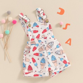 Adobabirl Toddler Baby 4th of July Outfit Girl Boy American Flag Overall Shorts Suspender Denim Jumpsuit with Pocket (US, Age, 6 Months, 12 Months, Ice Cream Beige)