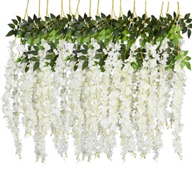 DearHouse 6 Pack Artificial Fake Wisteria Vine Ratta Hanging Garland, 3.75 Feet/Piece Silk Flowers String Home Party Wedding Decor (6PCS-Large White Wisteria)