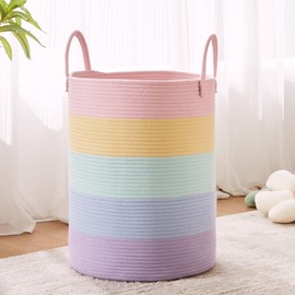 MOJOSCEND 15Dx20H inches Baby Girls Kids Hamper Rainbow Laundry Basket for Nursery Clothes Pastel Unicorn Woven Hamper in Playroom Bedroom 60L Large Tall Blanket Basket for Toy Storage