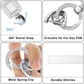 OHKYOOT Microfiber Leather Wristlet Keychain,Wrist Keychain Car Key Chain with 5 Key Ring and Anti-Lost D Ring (White Silver)