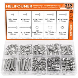 HELIFOUNER 210 Pieces M5 x 6mm /8mm /12mm /16mm /20mm /25mm /30mm, Phillips Pan Head Machine Screws, Metric Screws Bolts Washers Nuts Kit, 304 Stainless Steel
