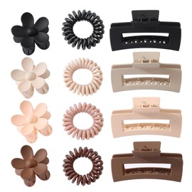 8 Large Matte Hair Clips and 4 Hair Loops, Rectangle Hair Clips with Floral Pattern, Non-Slip Hair Clips in Neutral Colors, Hairstyle Accessories for Thin/Medium Hair, Girls and Women