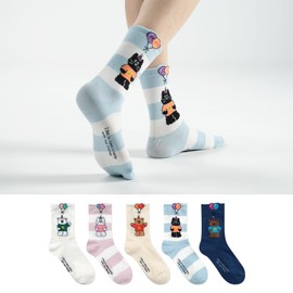 kikiya socks Women Cute Crew | 5 Pairs Cute Animal Character Novelty Graphic Designed Color Bear Rabbit Cat Funny Crazy Face Print Daily Boot Cotton Socks | Womens Ladies Girls Gift | Character D