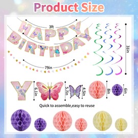 GENHH Birthday Decoration Set - Purple Happy Birthday Banner, Butterflies Hanging Decoration, Honeycomb Ball Garland for Women Girls - Ideal Birthday Party Decoration