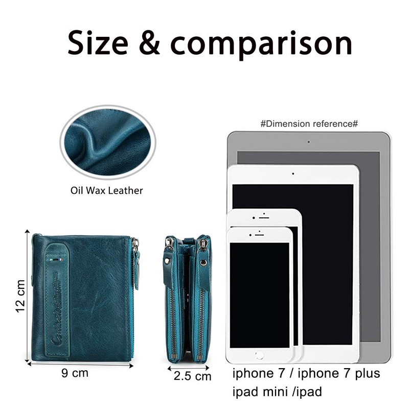 Contacts Men's Genuine Leather Bifold Wallet Double Zip Pocket Purse,