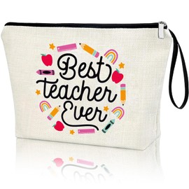 Virfuntaki Teacher Gifts Teacher Appreciation Gifts BEST TEACHER EVER Makeup Bag Travel Cosmetic Zipper Bag Teacher's Day Graduation Thank You Gifts Kindergarten Teacher New Teacher Gift Women, White