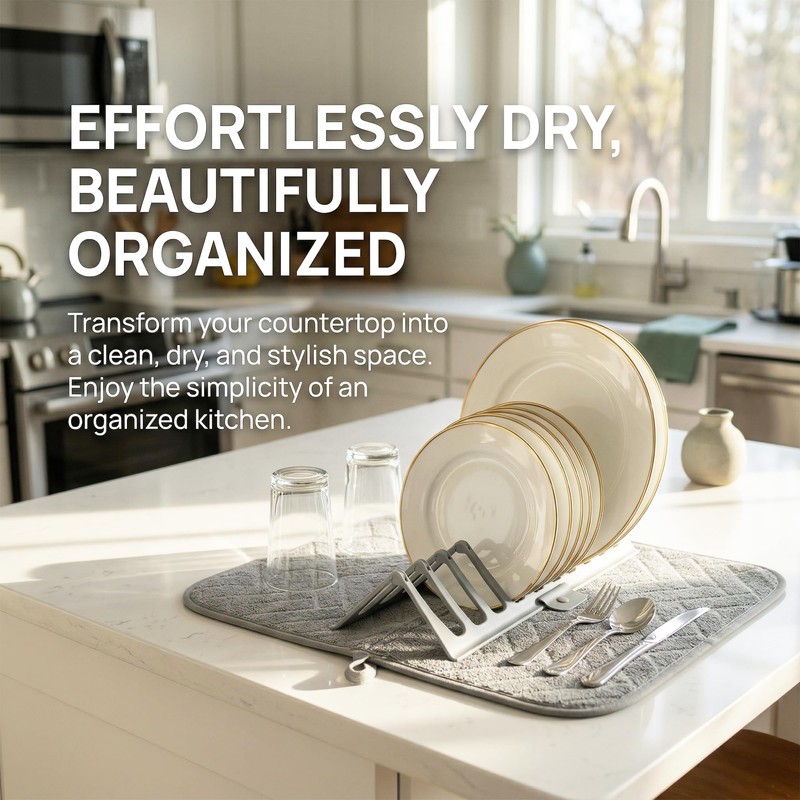 Microfiber Dish Drying Mat with Removable Plate Rack Organizer 18"x14"