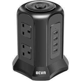Tower Extension Lead, Vertical Power Strip with 6 sockets and 4 USB Ports, BEVA Multi Plug Charging Station with 2M Extension Cord for Home, Office, Black
