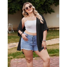IN'VOLAND Plus Size Black Cardigan for Women Open Front Light Weight Summer Beach Coverup 3/4 Sleeve Loose Fit 16