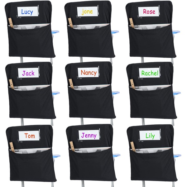 Maitys 24 Pcs Chair Storage Pocket 17 Inch Chair Bag Chair Pockets for Classrooms Student Chair Pockets Classroom Chair Organizer with Name Tag for Keeping Student Book School Table Organized (Black)