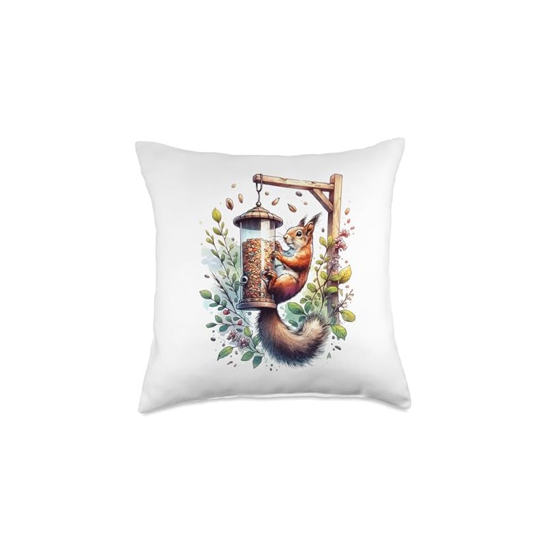 Squirrel in bird feeder- happy diner Throw Pillow