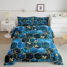 jejeloiu Honeycomb Comforter Set Twin Size Kids Modern Geometry Hexagon Theme Comforter for Boys Teens Geometrical Bedding Set Beehive Blue Duvet Set Room Decor Quilt Set