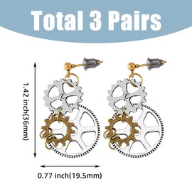 UNICRAFTALE 6Pcs 3 Pairs Steampunk Earrings Vintage Clockwork Dangle Stud Earrings Retro Clock Gear Earring Alloy Asymmetrical Earrings Christmas Holiday Gifts for Woman Daughters