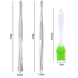 Pack of 2 barbecue tweezers, 1 green oil brush, cooking tweezers, stainless steel tweezers, frying tweezers, meat tongs, kitchen tweezers, kitchen accessories, kitchen tools, 30 cm