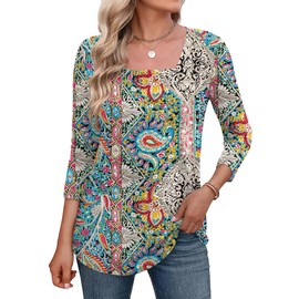 LOMON Womens Tops 3/4 Length Sleeve Shirts Summer Casual Dressy Blouse Loose Fit Basic Tee (Ethnic Print,L)