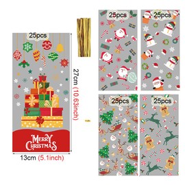 Christmas Cellophane Treat Bags, Xmas Clear Gift Bags Candy Goodies Bags with Twist Ties for Christmas Party Supplies Favors (100pcs)