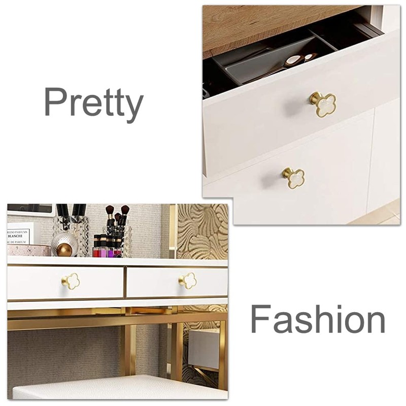 YOSOANPO 2 Pcs White Shell Kitchen Cabinet Knobs Clovers Zinc