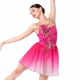 AFAVOM Figure Skating Dress for Women Girls Sequin Flower Mesh Ice Skating Dress Ballet Dance Leotard Gradient Chiffon Skirt Lyrical Dancewear for Competition Stage Performance Costume Hot Pink L