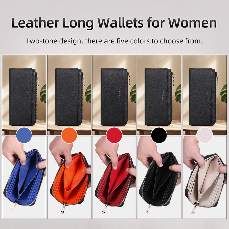 Womens Leather Long Zip Around Clutch Wallet with Coin Pocket
