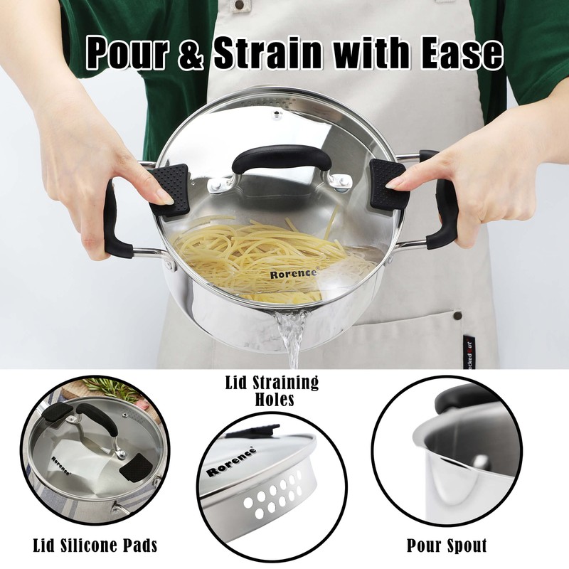 Rorence Stainless Steel Stock Pot with Pour Spout & Silicone